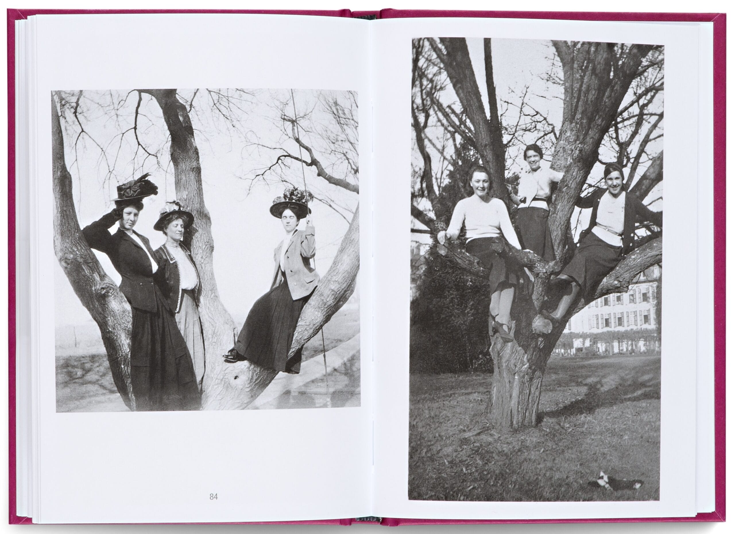 a spread from a book featuring two black-and-white snapshots of women in trees