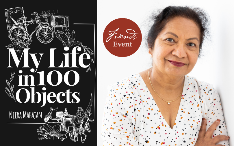 Book cover for My Life in 100 objects and headsho of Neera Mahajan