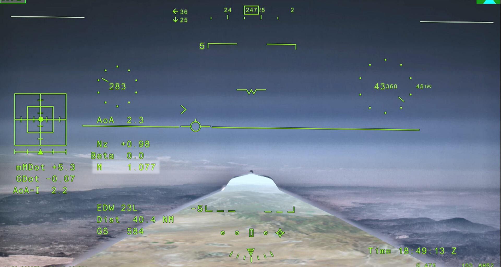 NASA’s X 59 eXternal Vision System digital display shows green flight data overlaid on the forward scenery as the aircraft flies supersonic. Numerical indicators, horizon references, and a Mach number readout are visible on the screen.