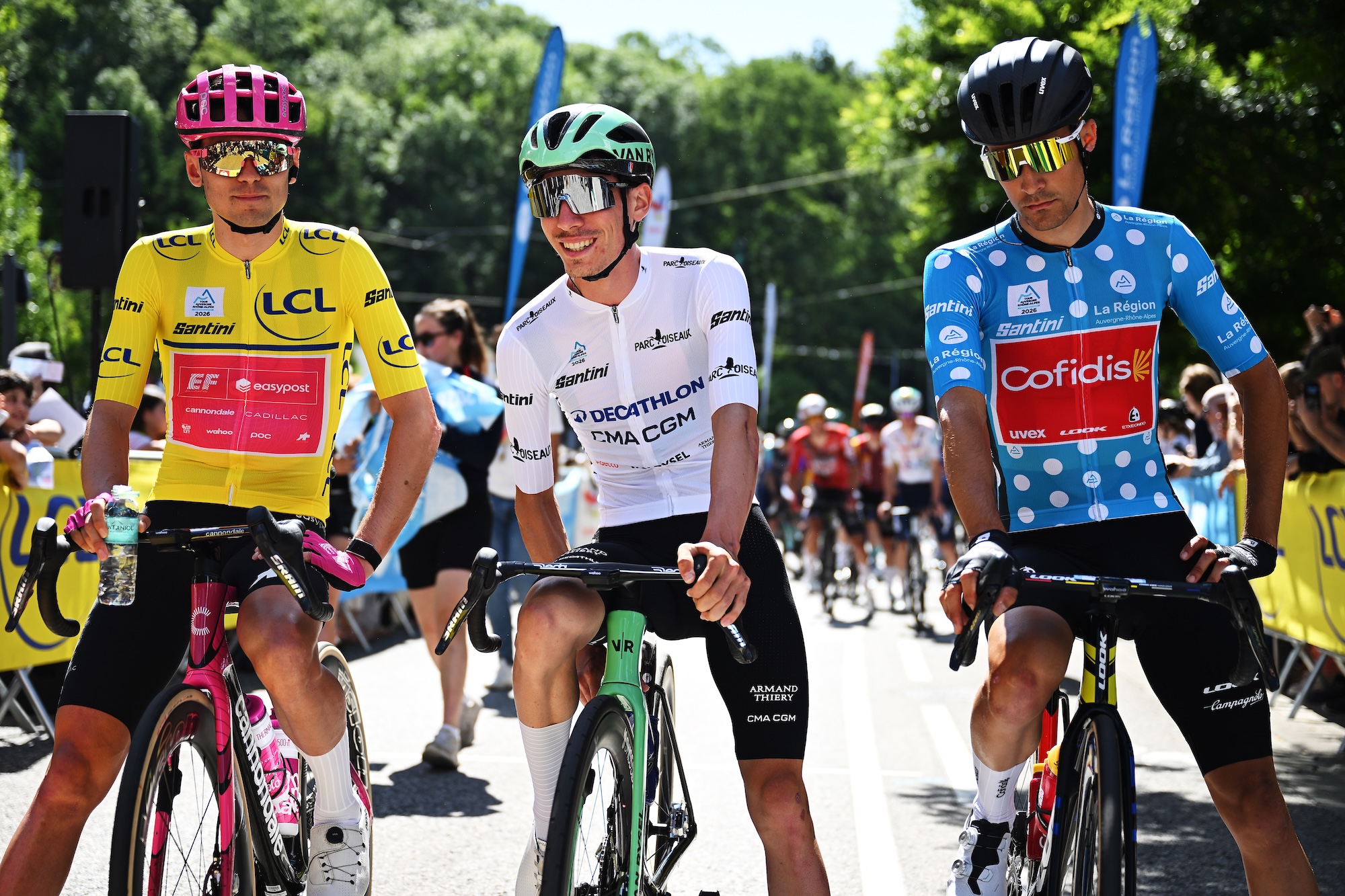 Alex Baudin (EF Education - EasyPost) - Leader Jersey, Leo Bisiaux (Decathlon CMA CGM) - Best Young Rider Jersey, Sergio Samitier (Cofidis) - Mountain Jersey in Tour Auvergne-Rhone-Alpes 2026, Stage 2