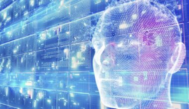 Abstract image with a wireframe humanoid face on a digital art background