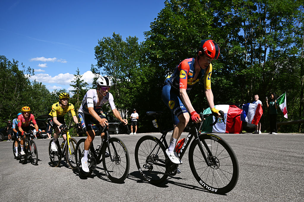BRISON, FRANCE - JUNE 14: (L-R) Matteo Jorgenson of United States and Team Visma | Lease a Bike, Juan Ayuso of Spain - White Best Young Rider Jersey and Mattias Skjelmose of Denmark and Team Lidl - Trek compete in the chase group during the 78th Tour Auvergne-Rhone-Alpes 2026, Stage 8 a 120.1km stage from Beaufort to Plateau de Solaison - Brison 1497m / #UCIWT / on June 14, 2026 in Brison, France. (Photo by Dario Belingheri/Getty Images)