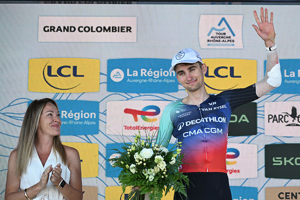GRAND COLOMBIER, FRANCE - JUNE 13: Paul Seixas of France and Team Decathlon CMA CGM celebrates at podium as most combative rider prize winner during the 78th Tour Auvergne-Rhone-Alpes 2026, Stage 7 a 133.6km stage from La Bridoire to Grand Colombier 1496m / #UCIWT / on June 13, 2026 in Grand Colombier, France. (Photo by Dario Belingheri/Getty Images)