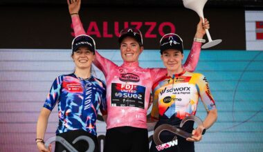 FDJ SUEZ Dutch rider Demi Vollering (C) wearing the overall leader's pink jersey and winner of the Giro d'Italia Women 2026 - Tour of Italy cycling race poses on podium with second placed Canyon SRAM German rider Antonia Niedermaier (L) and third placed SD Worx Dutch rider Anna Van Der Breggen after the 9th stage of the Giro d'Italia Women 2026 - Tour of Italy Women cycling race between Saluzzo and Saluzzo, Italy, on June 7, 2026. (Photo by MARCO BERTORELLO / AFP)