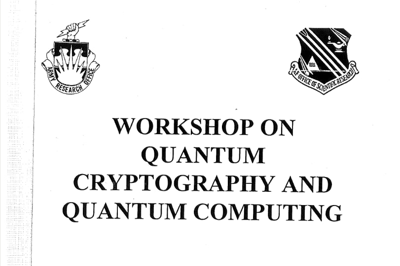 The scanned front page of a booklet with the text "Workshop on Quantum Cryptography and Quantum Computing"
