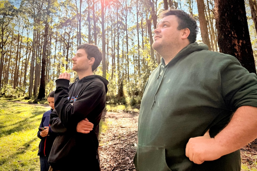 Image of two men standing in native timber forest.
