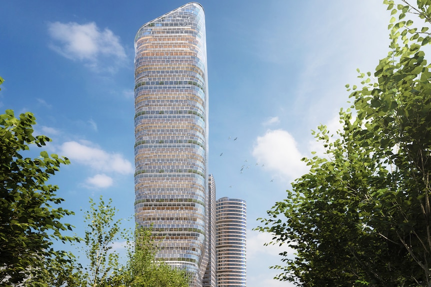 An illustration of a glass building in the people in the foreground and trees either side