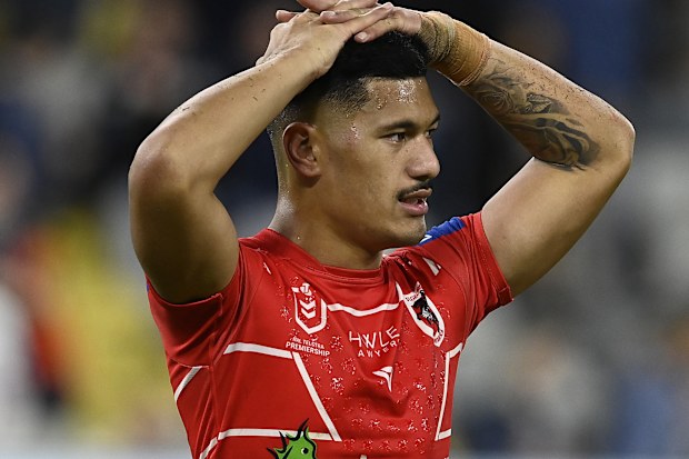 TOWNSVILLE, AUSTRALIA - JUNE 10: Talatau Amone of the Dragons looks dejected after losing the round 14 NRL match between the North Queensland Cowboys and the St George Illawarra Dragons at Qld Country Bank Stadium, on June 10, 2022, in Townsville, Australia. (Photo by Ian Hitchcock/Getty Images)
