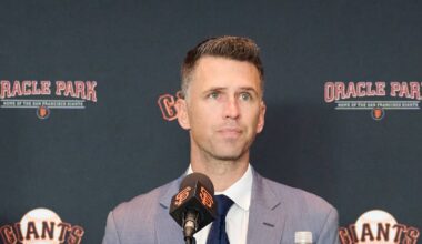 San Francisco, CA, USA; San Francisco Giants manager Bob Melvin (left), president of baseball operations Buster Posey (middle), and chairman Greg Johnson during a press conference at Oracle Park.  Mandatory Credit: Robert Edwards-Imagn Images