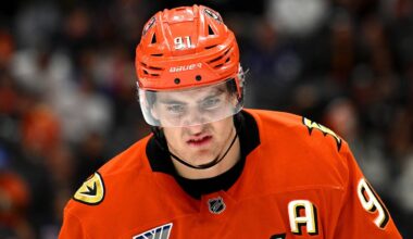 Mar 30, 2026; Anaheim, California, USA; Anaheim Ducks center Leo Carlsson (91) reacts before the first overtime period against the Toronto Maple Leafs at Honda Center. Mandatory Credit: Griffin Hooper-Imagn Images