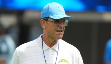 Aug 10, 2025; Inglewood, California, USA; Los Angeles Chargers head coach Jim Harbaugh reacts during the game against he New Orleans Saints at SoFi Stadium. Mandatory Credit: Kirby Lee-Imagn Images