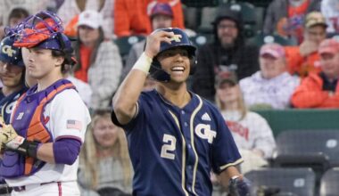 Georgia Tech junior Jarren Advincula (2) reacts after his home run during the top of the third inning at Doug Kingsmore Stadium in Clemson, S.C. Thursday, March 12, 2026.