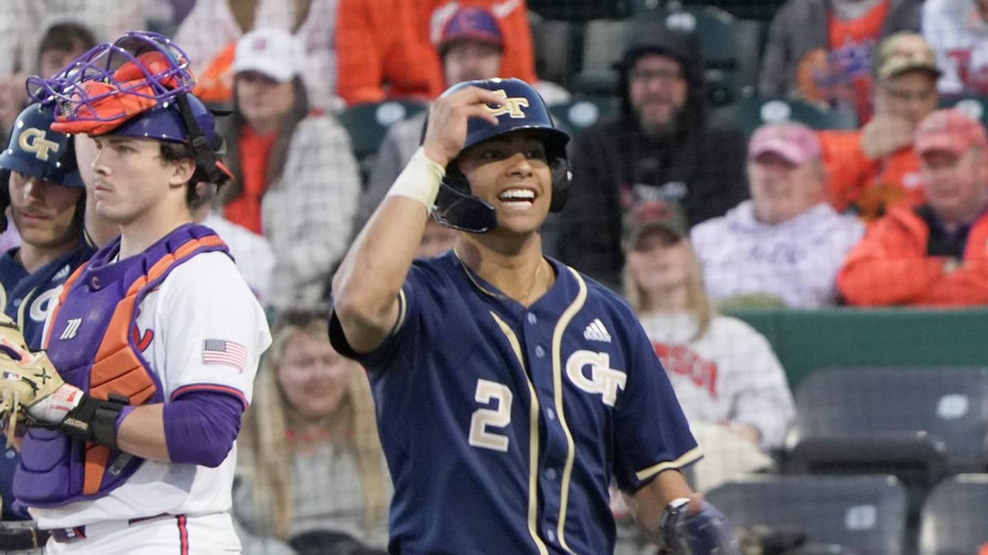 Georgia Tech junior Jarren Advincula (2) reacts after his home run during the top of the third inning at Doug Kingsmore Stadium in Clemson, S.C. Thursday, March 12, 2026.