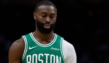 Boston Celtics guard Jaylen Brown (7) reacts in the second half against the Detroit Pistons at Little Caesars Arena on Oct. 26, 2025.