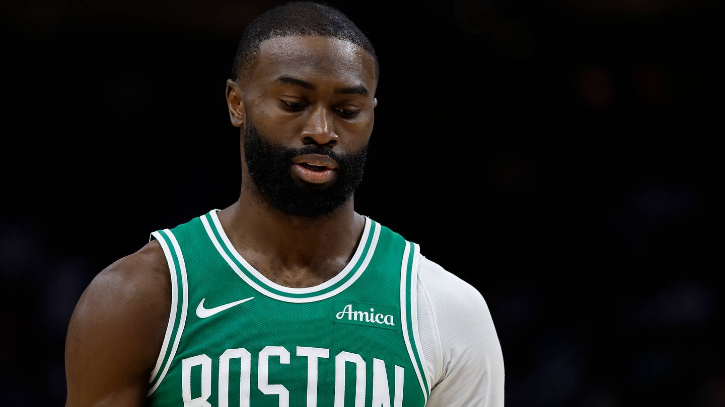 Boston Celtics guard Jaylen Brown (7) reacts in the second half against the Detroit Pistons at Little Caesars Arena on Oct. 26, 2025.
