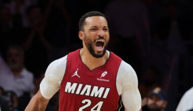 Jan 13, 2026; Miami, Florida, USA; Miami Heat guard Norman Powell (24) reacts after scoring against the Phoenix Suns during the fourth quarter at Kaseya Center. Mandatory Credit: Sam Navarro-Imagn Images