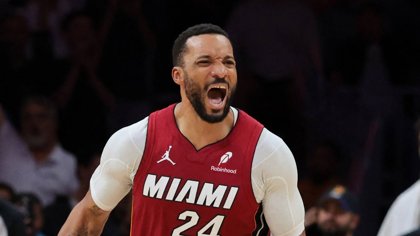 Jan 13, 2026; Miami, Florida, USA; Miami Heat guard Norman Powell (24) reacts after scoring against the Phoenix Suns during the fourth quarter at Kaseya Center. Mandatory Credit: Sam Navarro-Imagn Images