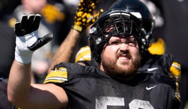 Iowa offensive linemen Leighton Jones (64), Cael Winter (61), and Trevor Lauck (59) wave to patients of the Stead Family Children’s Hospital April 25, 2026 during the team’s spring practice at Kinnick Stadium in Iowa City, Iowa.
