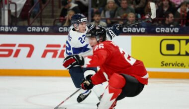 Dec 31, 2025; Minneapolis, Minnesota, UNITED STATES; Finland forward Emil Hemming (22) shoots the puck as Canada forward Cole Beaudoin (26) defends during the third period in group play during the 2026 IIHF World Junior Championship at 3M Arena. Mandatory Credit: Matt Krohn-Imagn Images