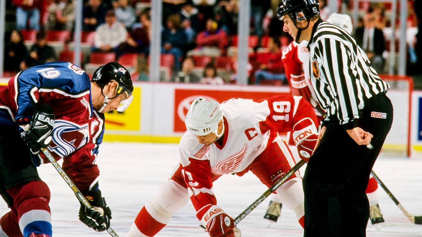 Oct 27, 1999; Detroit, MI; USA; FILE PHOTO; Detroit Red Wings forward Steve Yzerman (19) faces off against Colorado Avalanche forward Joe Sakic (19) at Joe Louis Arena. Mandatory Credit: RVR Photos-USA TODAY Sports