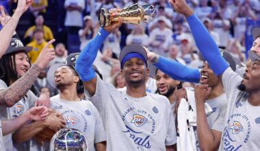 May 28, 2025; Oklahoma City, Oklahoma, USA; Oklahoma City Thunder guard Shai Gilgeous-Alexander holds up the MVP trophy for the western conference finals for the 2025 NBA Playoffs at Paycom Center. Mandatory Credit: Alonzo Adams-Imagn Images