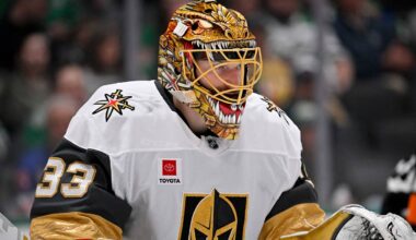 Mar 10, 2026; Dallas, Texas, USA; Vegas Golden Knights goaltender Adin Hill (33) faces the Dallas Stars attack during the second period at the American Airlines Center. Mandatory Credit: Jerome Miron-Imagn Images