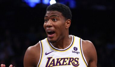 Brooklyn, New York, USA; Los Angeles Lakers forward Rui Hachimura (28) reacts during the first half against the Brooklyn Nets at Barclays Center. Mandatory Credit: Vincent Carchietta-USA TODAY Sports