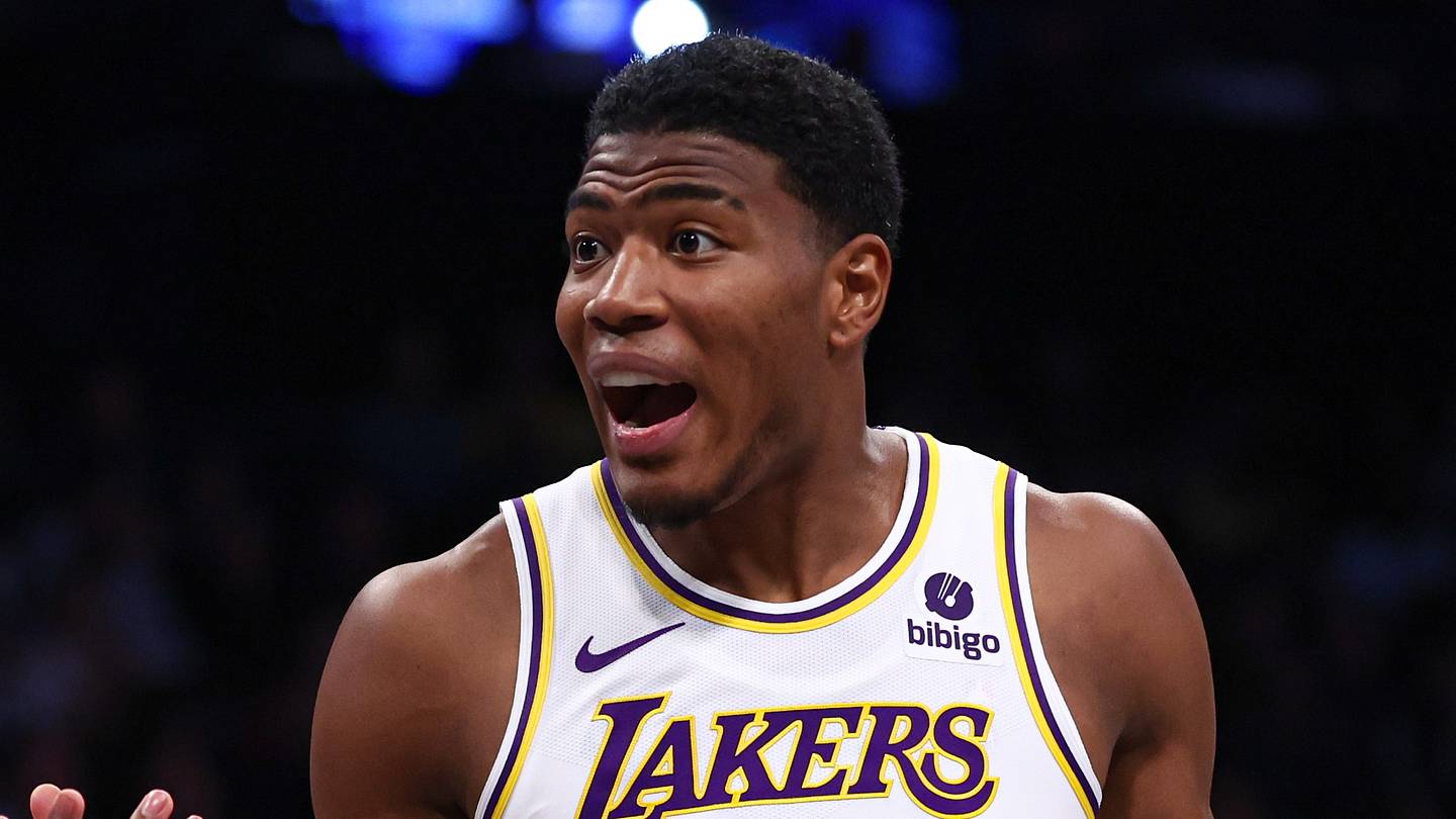 Brooklyn, New York, USA; Los Angeles Lakers forward Rui Hachimura (28) reacts during the first half against the Brooklyn Nets at Barclays Center. Mandatory Credit: Vincent Carchietta-USA TODAY Sports