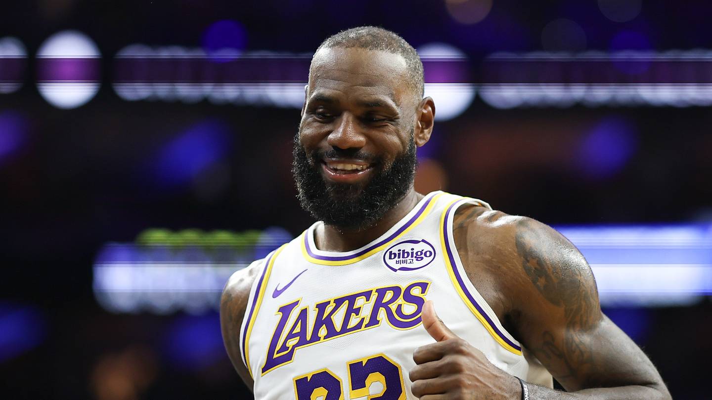 Dec 7, 2025; Philadelphia, Pennsylvania, USA; Los Angeles Lakers forward Lebron James (23) reacts after a play against the Philadelphia 76ers during the second quarter at Xfinity Mobile Arena. Mandatory Credit: Bill Streicher-Imagn Images
