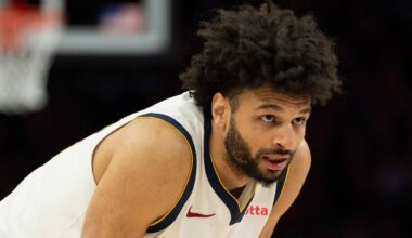 Apr 30, 2026; Minneapolis, Minnesota, USA; Denver Nuggets guard Jamal Murray (27) looks on against the Minnesota Timberwolves in the first half during game six of the first round of the 2026 NBA Playoffs at Target Center. Mandatory Credit: Jesse Johnson-Imagn Images