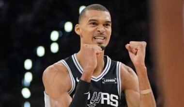 May 28, 2026; San Antonio, Texas, USA; San Antonio Spurs forward Victor Wembanyama (1) reacts against the Oklahoma City Thunder in the first half during game six of the western conference finals for the 2026 NBA playoffs at Frost Bank Center. Mandatory Credit: Dustin Safranek-Imagn Images