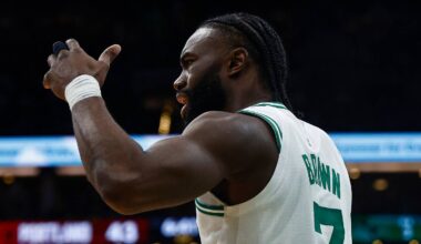 Mar 5, 2025; Boston, Massachusetts, USA; Boston Celtics guard Jaylen Brown (7) reacts after a foul was called on him during the first quarter against the Portland Trail Blazers TD Garden. Mandatory Credit: Winslow Townson-Imagn Images