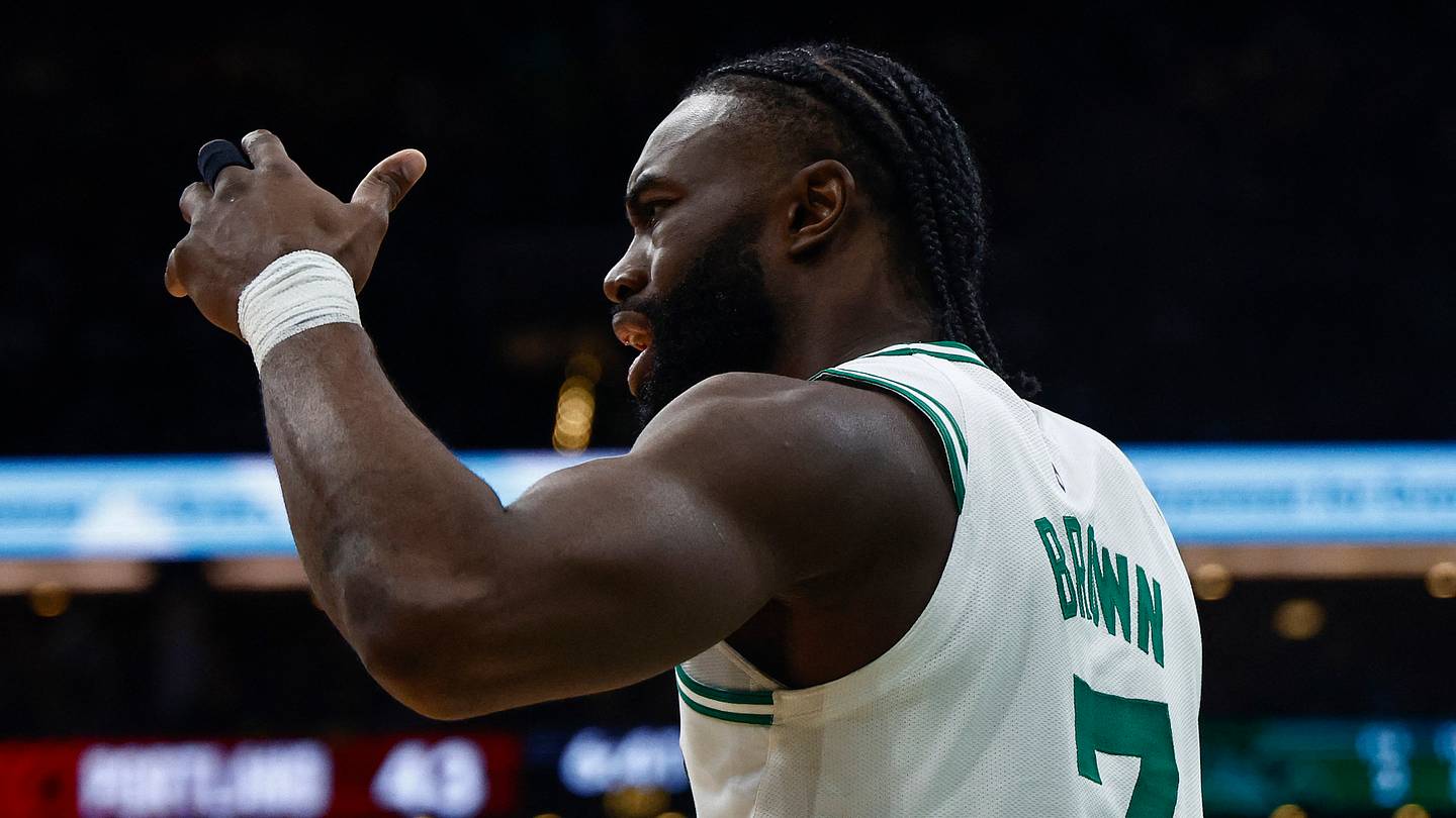 Mar 5, 2025; Boston, Massachusetts, USA; Boston Celtics guard Jaylen Brown (7) reacts after a foul was called on him during the first quarter against the Portland Trail Blazers TD Garden. Mandatory Credit: Winslow Townson-Imagn Images