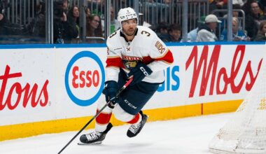 Mar 17, 2026; Vancouver, British Columbia, CAN; Florida Panthers defenseman Seth Jones (3) handles the puck against the Vancouver Canucks in the second period at Rogers Arena. Mandatory Credit: Bob Frid-Imagn Images