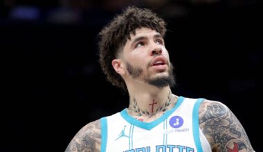 Mar 31, 2026; Brooklyn, New York, USA; Charlotte Hornets guard LaMelo Ball (1) reacts during the first quarter against the Brooklyn Nets at Barclays Center. Mandatory Credit: Brad Penner-Imagn Images