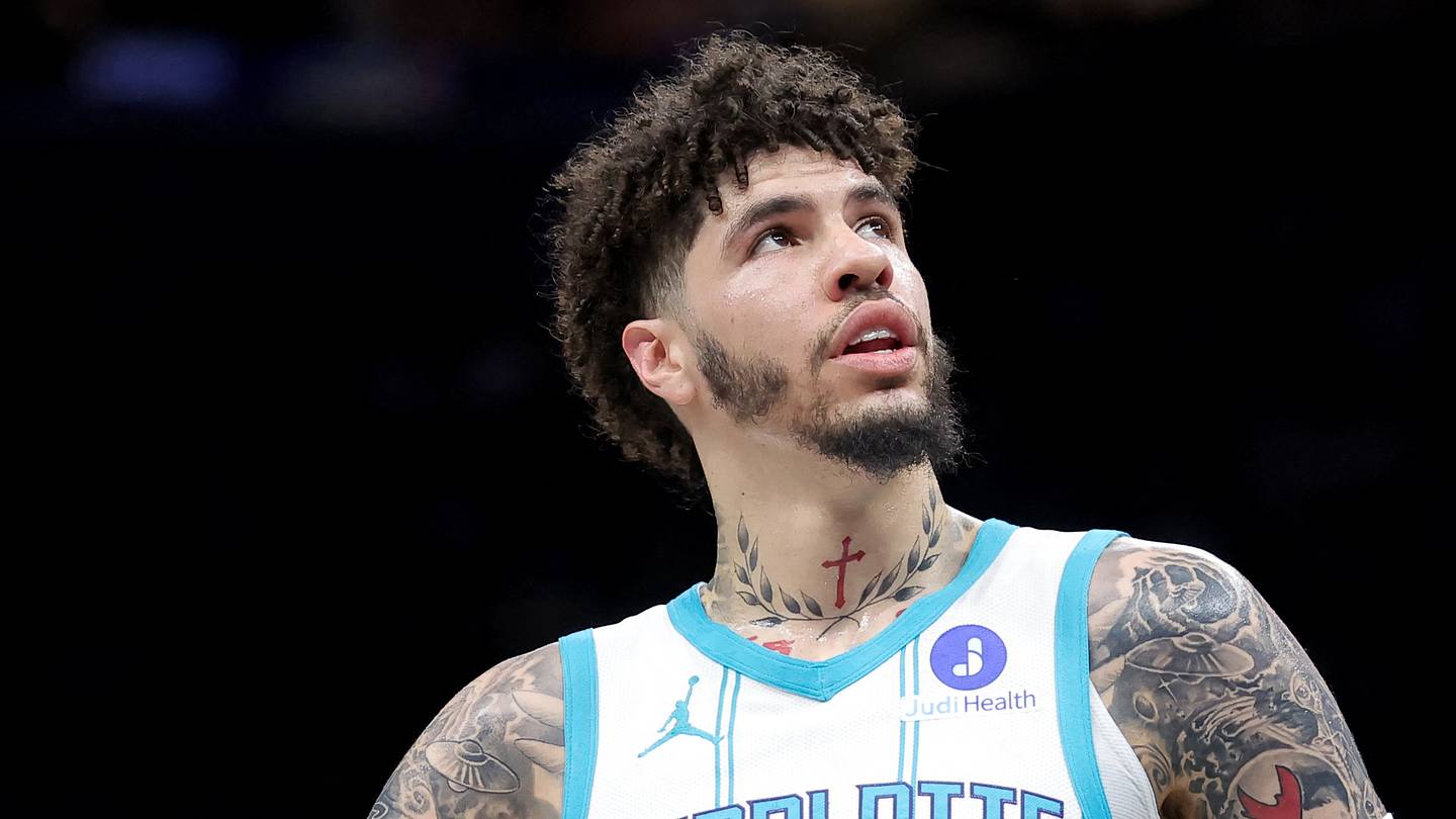 Mar 31, 2026; Brooklyn, New York, USA; Charlotte Hornets guard LaMelo Ball (1) reacts during the first quarter against the Brooklyn Nets at Barclays Center. Mandatory Credit: Brad Penner-Imagn Images