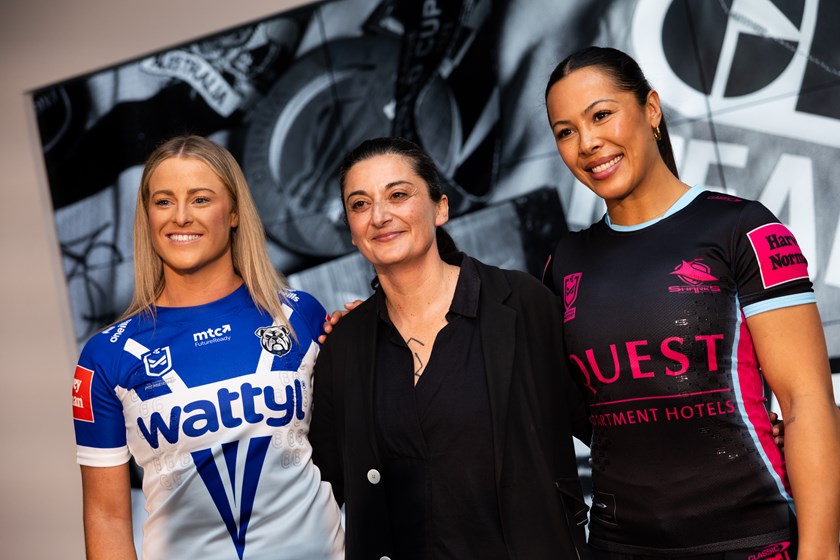 Tayla Preston and Tiana Penitani Gray with artist Cherine Fahd who created 'The Captains' exhibition to commemorate 20 years of Women in League