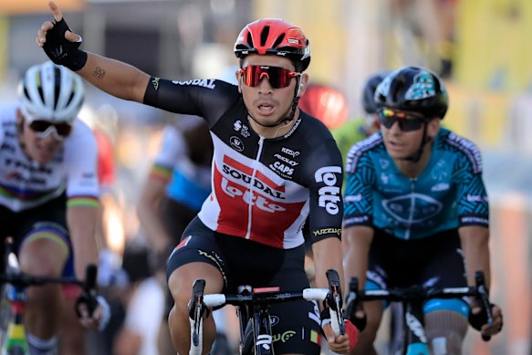 Caleb Ewan celebrates after winning stage 11 of the Tour de France from Chatelaillon-Plage to Poitiers in 2020. 