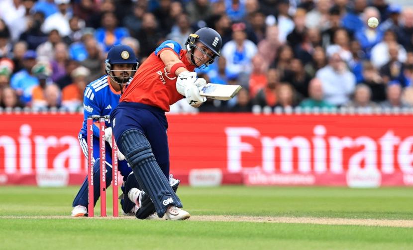  England's Jacob Bethell hits a six during his unbeaten 76 against India