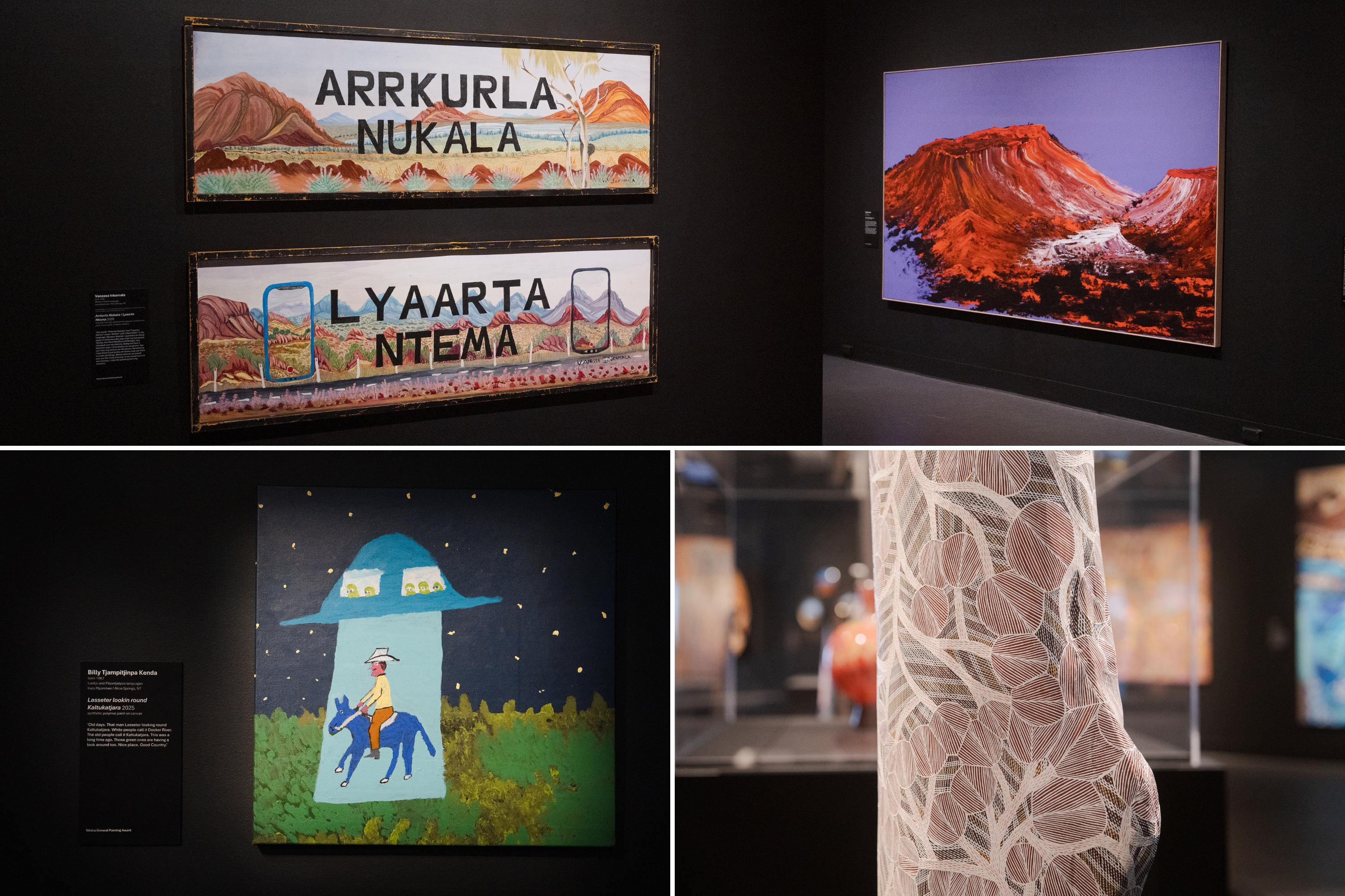 A collage shows a number of artworks on show in a gallery, including paintings on both canvas and bark.