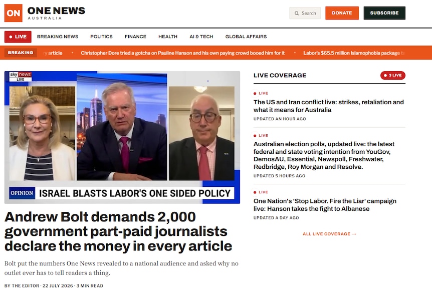 Screenshot of a One News Australia news article.