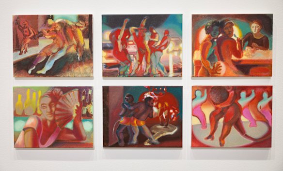 Works by Nick Mullaly draw on iconic Melbourne clubs as inspiration. 