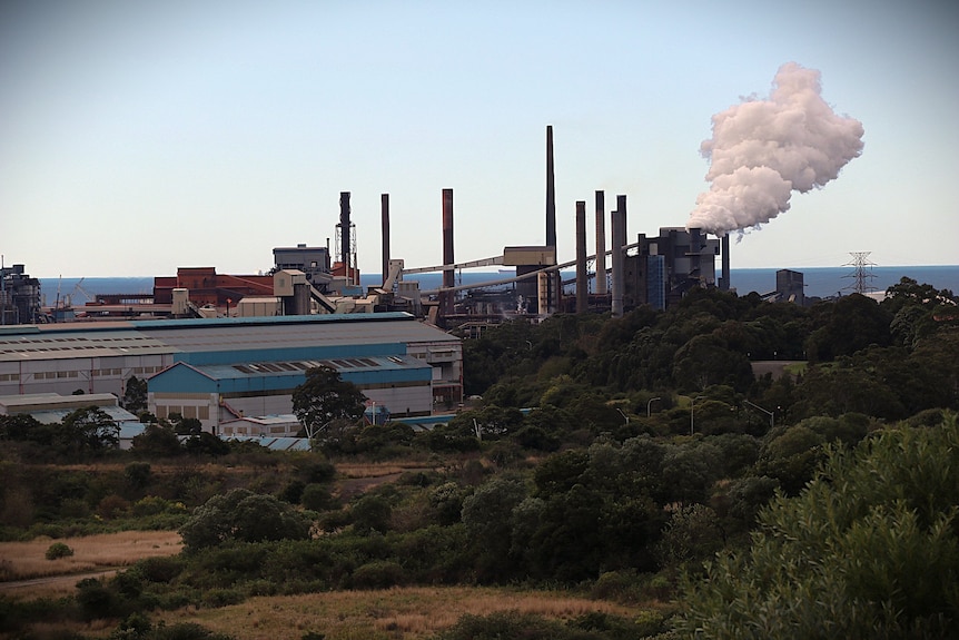 Factory with blue sky, smoke coming from chimney