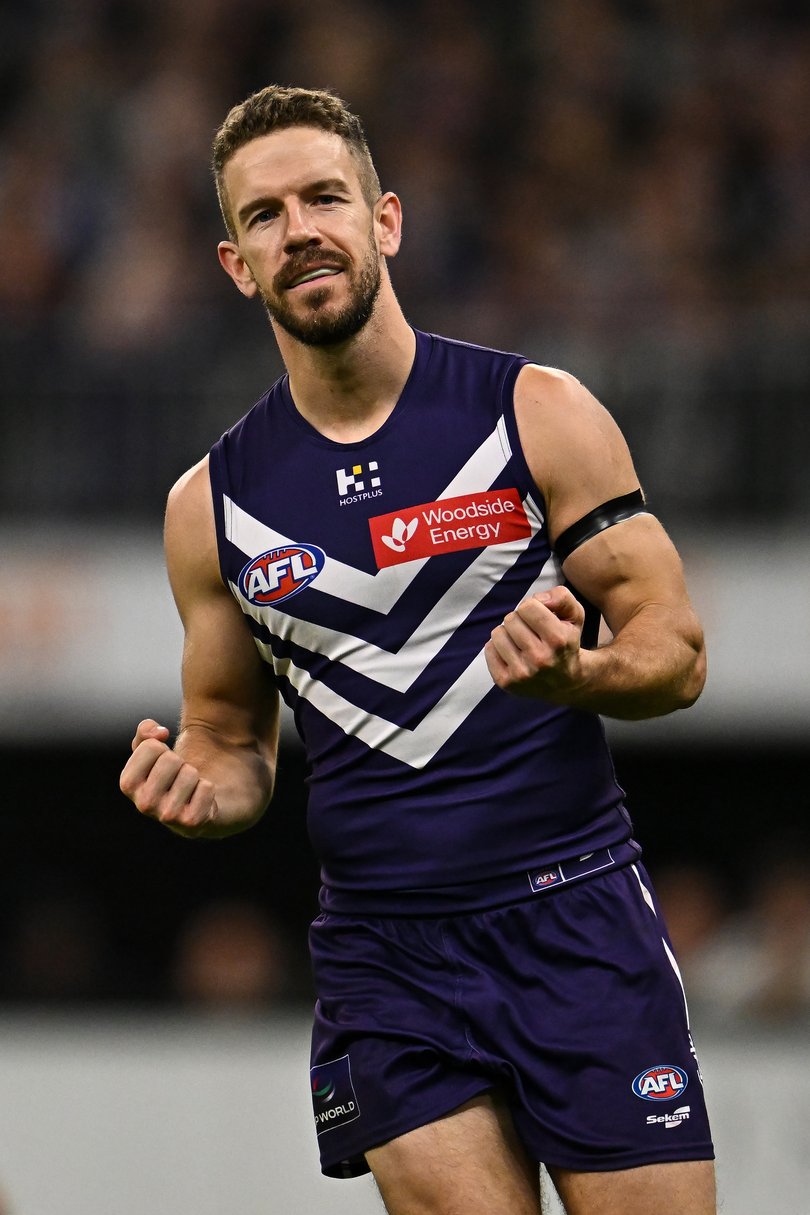 PERTH, AUSTRALIA - JULY 24: Sam Switkowski of the Dockers celebrates a goal during the 2026 AFL Round 20 match between the Fremantle Dockers and the West Coast Eagles at Optus Stadium on July 24, 2026 in Perth, Australia. (Photo by Daniel Carson/AFL Photos via Getty Images)