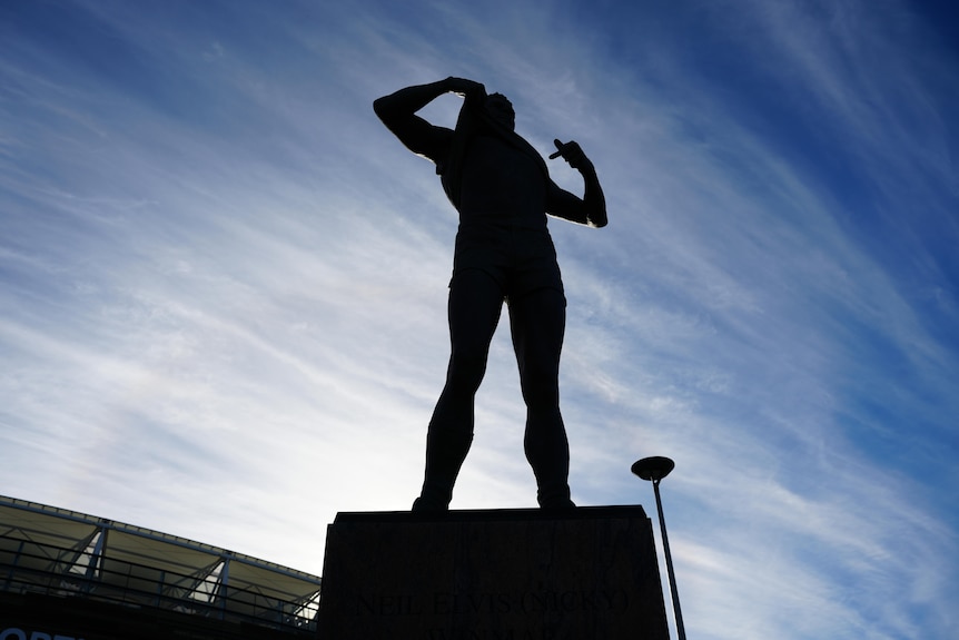 Bronze statue of Nicky Winmar at Perth Stadium.