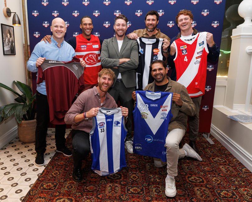 AFL legends who took part in the 2026 Carlton Draft. Back row: Gary Ablett Jr, Josh Gibson, Dale Thomas,  Josh Kennedy and Gary Rohan. Front: Dyson Heppell and Lewis Jetta. 