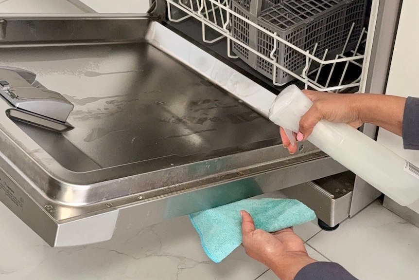 A woman's hand spraying the dishwasher with cleaner while holding a cloth