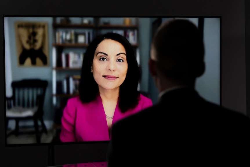 A woman with dark hair, wearing a pink jacket, on a TV screen.