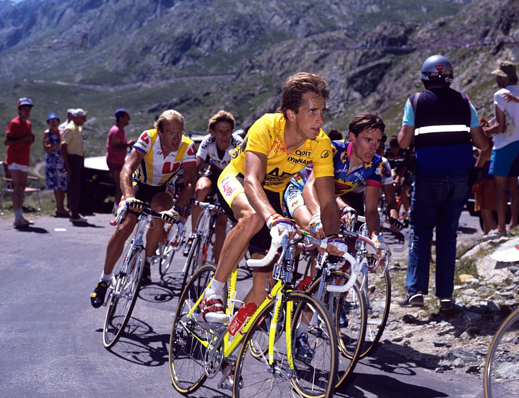 Greg LeMond as race-leader on the Col de la Croix-de-Fer on stage 17 of the 1989 Tour de France from Brianvßon to Alpe d