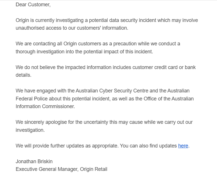 A screenshot of an email from Origin Energy sent to customers explaining it is investigating a potential security incident.